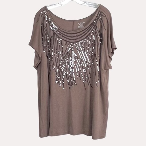 Lane Bryant Womens Plus Size 22/24 Brown Sequin Embellished Short Sleeve Top EUC - Picture 1 of 12
